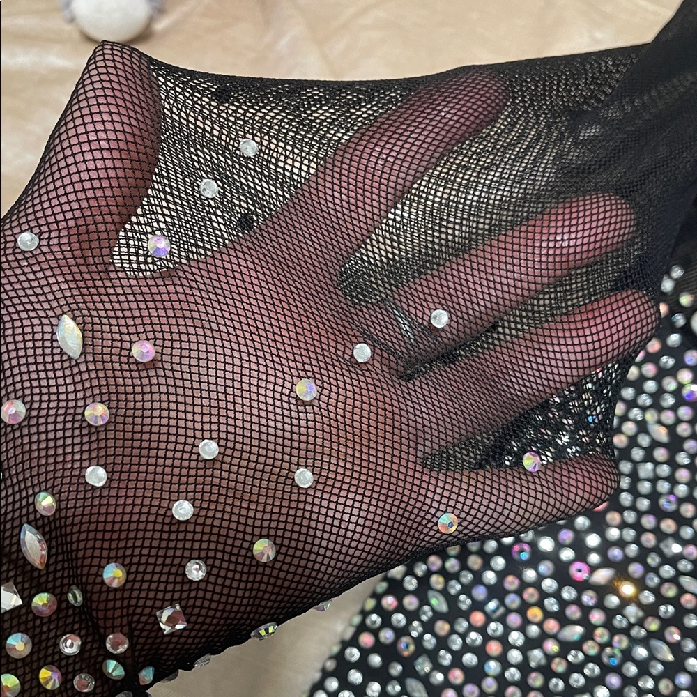 Black fishnet Rhinestone Embellished Long Sleeve Romper (watchale … Too HOTT!) - Picture 5 of 9